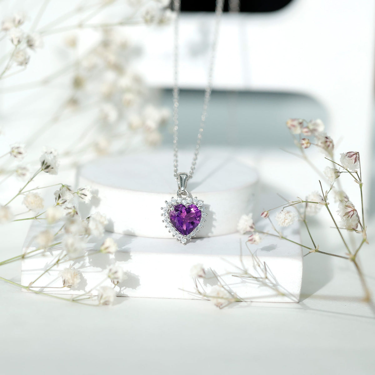 Natural 2 Carat Amethyst Heart Locket With Silver Chain