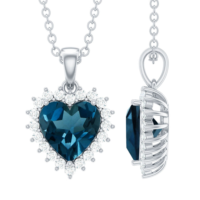 Rosec Jewels 2 carat London Blue Topaz heart pendant on a silver chain, showcasing a sparkling gemstone and delicate silver design.
