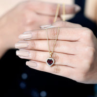 Garnet Heart Pendant Necklace with Moissanite Halo
