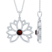 Bezel Set Garnet Lotus Floral Pendant Necklace