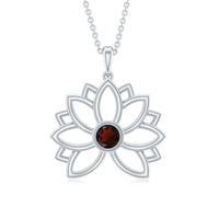 Bezel Set Garnet Lotus Floral Pendant Necklace