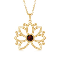 Bezel Set Garnet Lotus Floral Pendant Necklace