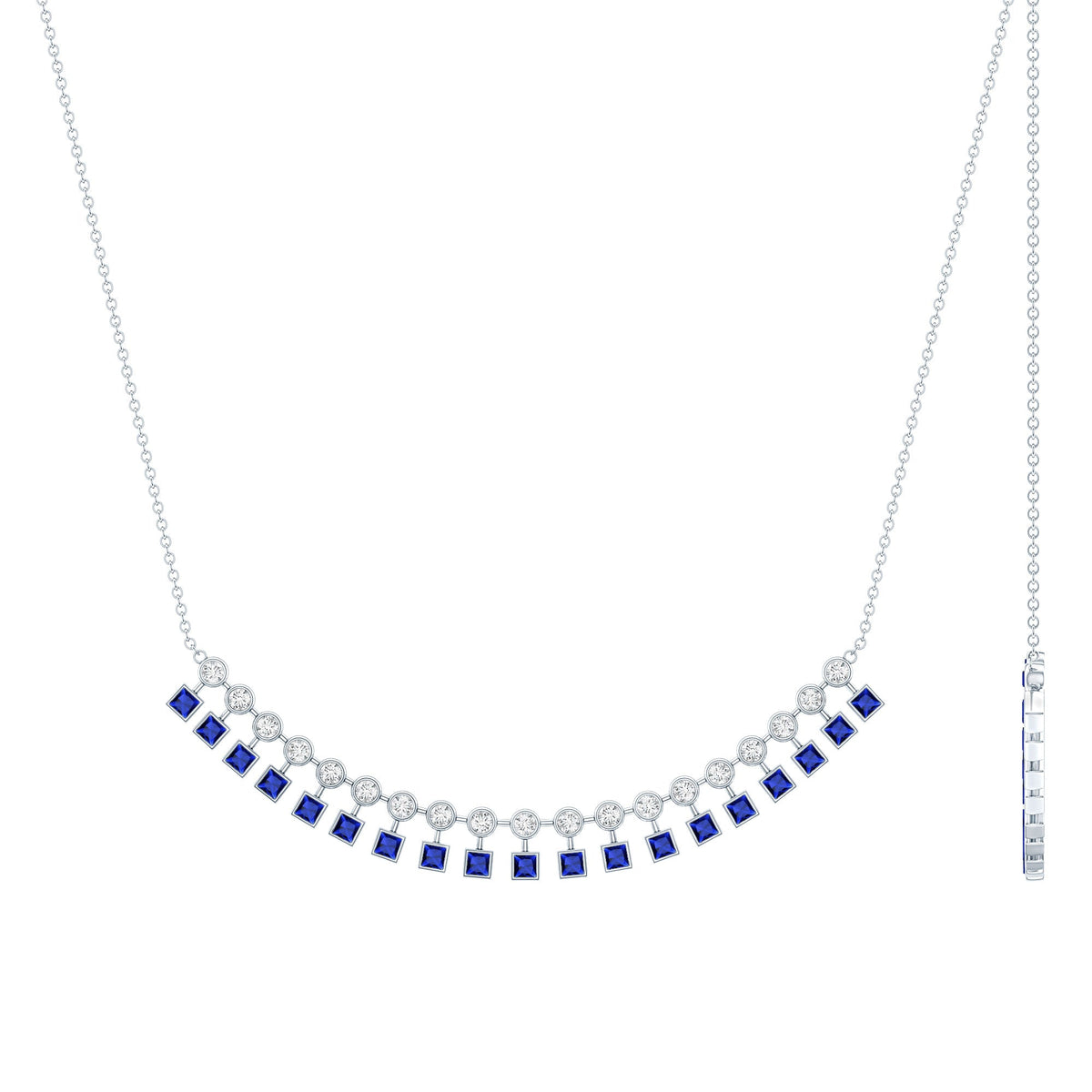 Sterling Silver Lab Grown Blue Sapphire Curved Bar Necklace for Wedding