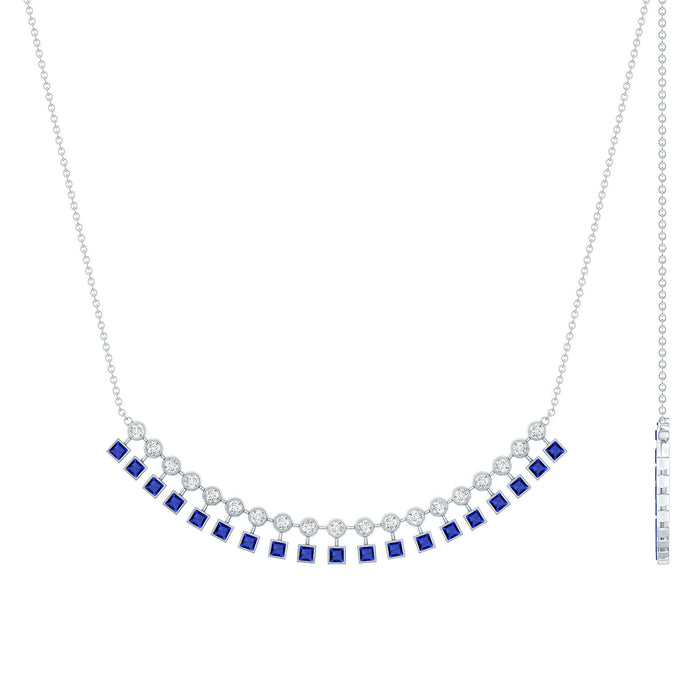 Sterling Silver Lab Grown Blue Sapphire Curved Bar Necklace for Wedding