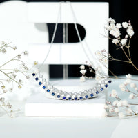 Sterling Silver Lab Grown Blue Sapphire Curved Bar Necklace for Wedding