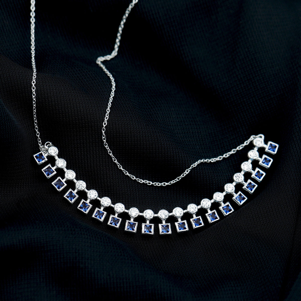 Sterling Silver Lab Grown Blue Sapphire Curved Bar Necklace for Wedding