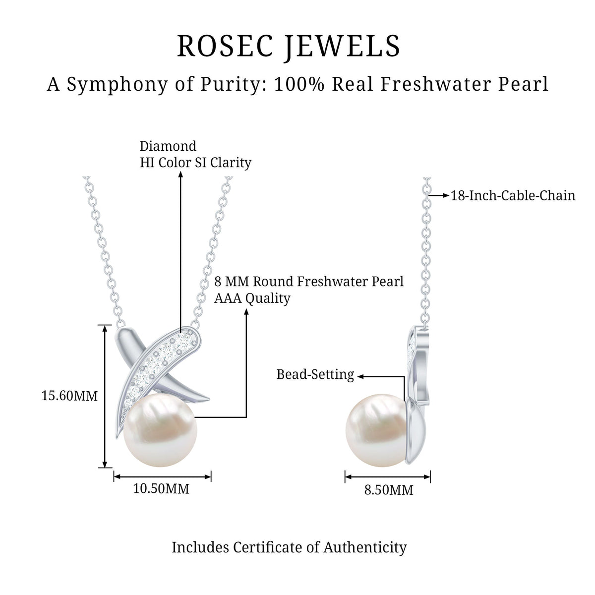 Freshwater pearl and diamond XO pendant necklace by Rosec Jewels featuring elegant white pearls and sparkling diamonds.