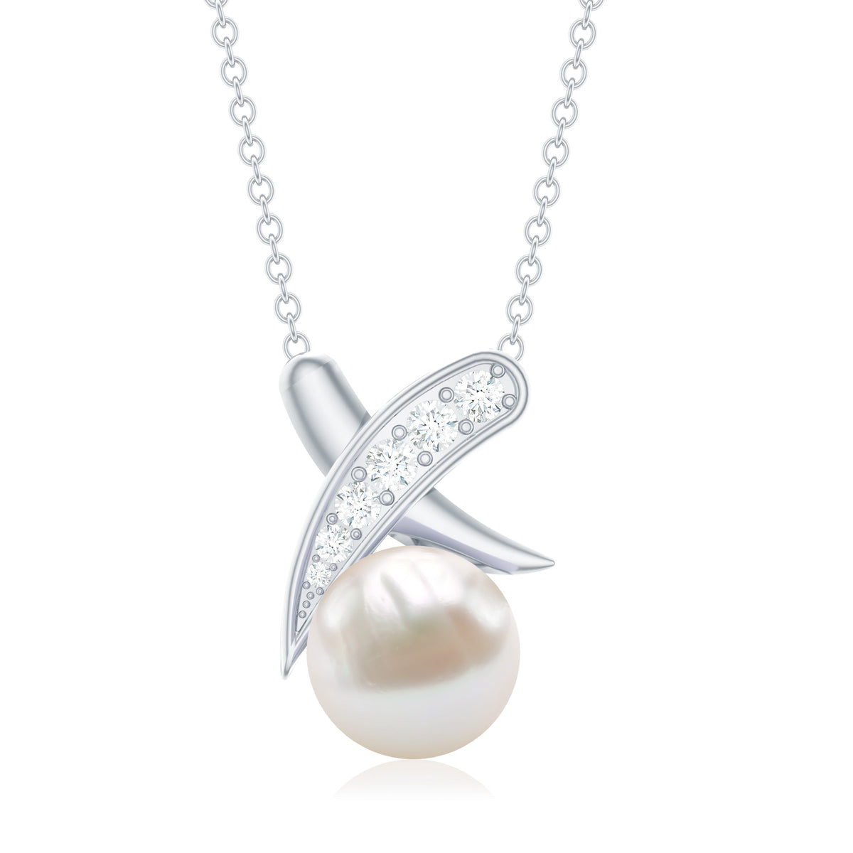 Real freshwater pearl and diamond XO pendant necklace by Rosec Jewels featuring a delicate gold chain and elegant design.
