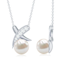 Freshwater pearl and diamond XO pendant necklace by Rosec Jewels featuring elegant pearl and sparkling diamond accents.