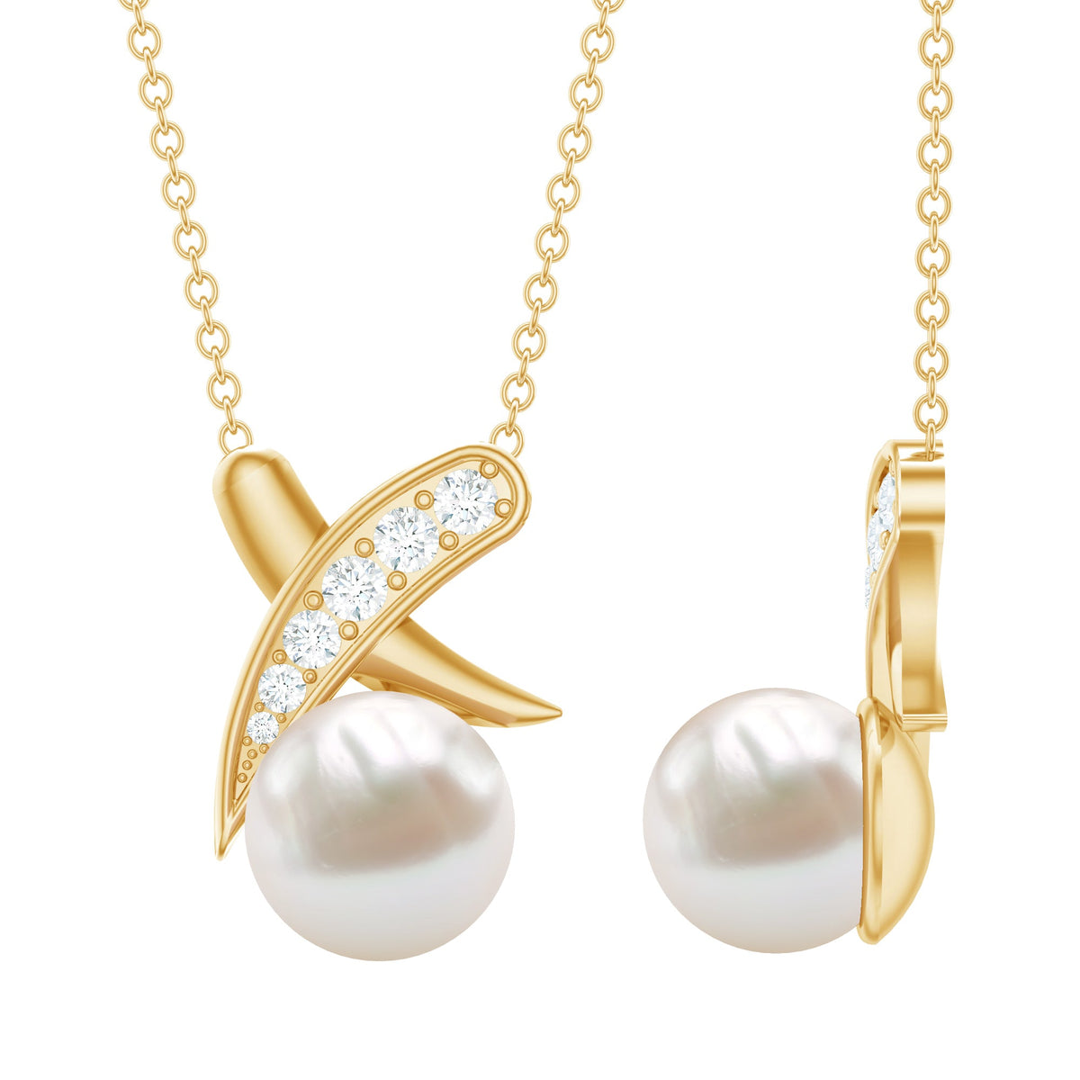 Freshwater pearl and diamond XO pendant necklace by Rosec Jewels featuring a elegant, delicate jewelry design.