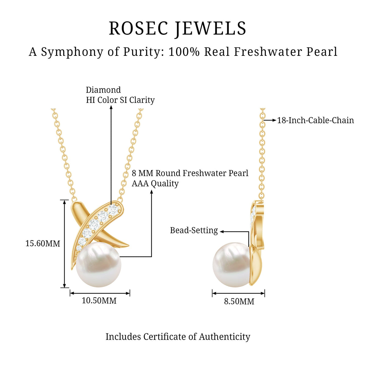 Freshwater pearl and diamond XO pendant necklace by Rosec Jewels, featuring a delicate design with sparkling accents.