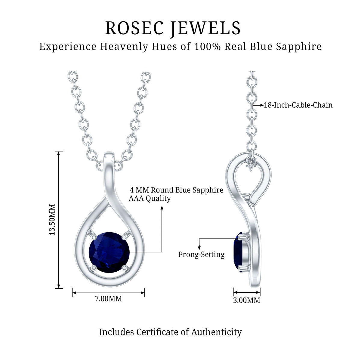 Round cut blue sapphire teardrop pendant from Rosec Jewels showcasing a sparkling blue gemstone on a silver chain.