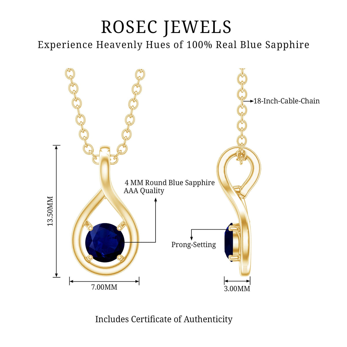 Genuine round cut blue sapphire teardrop pendant from Rosec Jewels, showcasing a sparkling blue sapphire gemstone and elegant pendant design.