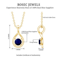 Genuine round cut blue sapphire teardrop pendant from Rosec Jewels, showcasing a sparkling blue sapphire gemstone and elegant pendant design.