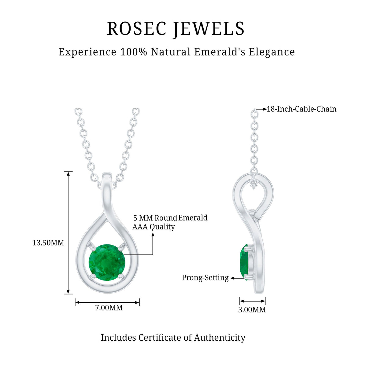 Genuine 5mm round cut emerald solitaire teardrop pendant necklace with chain by Rosec Jewels, showcasing a sparkling green gemstone.