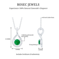 Genuine 5mm round cut emerald solitaire teardrop pendant necklace with chain by Rosec Jewels, showcasing a sparkling green gemstone.