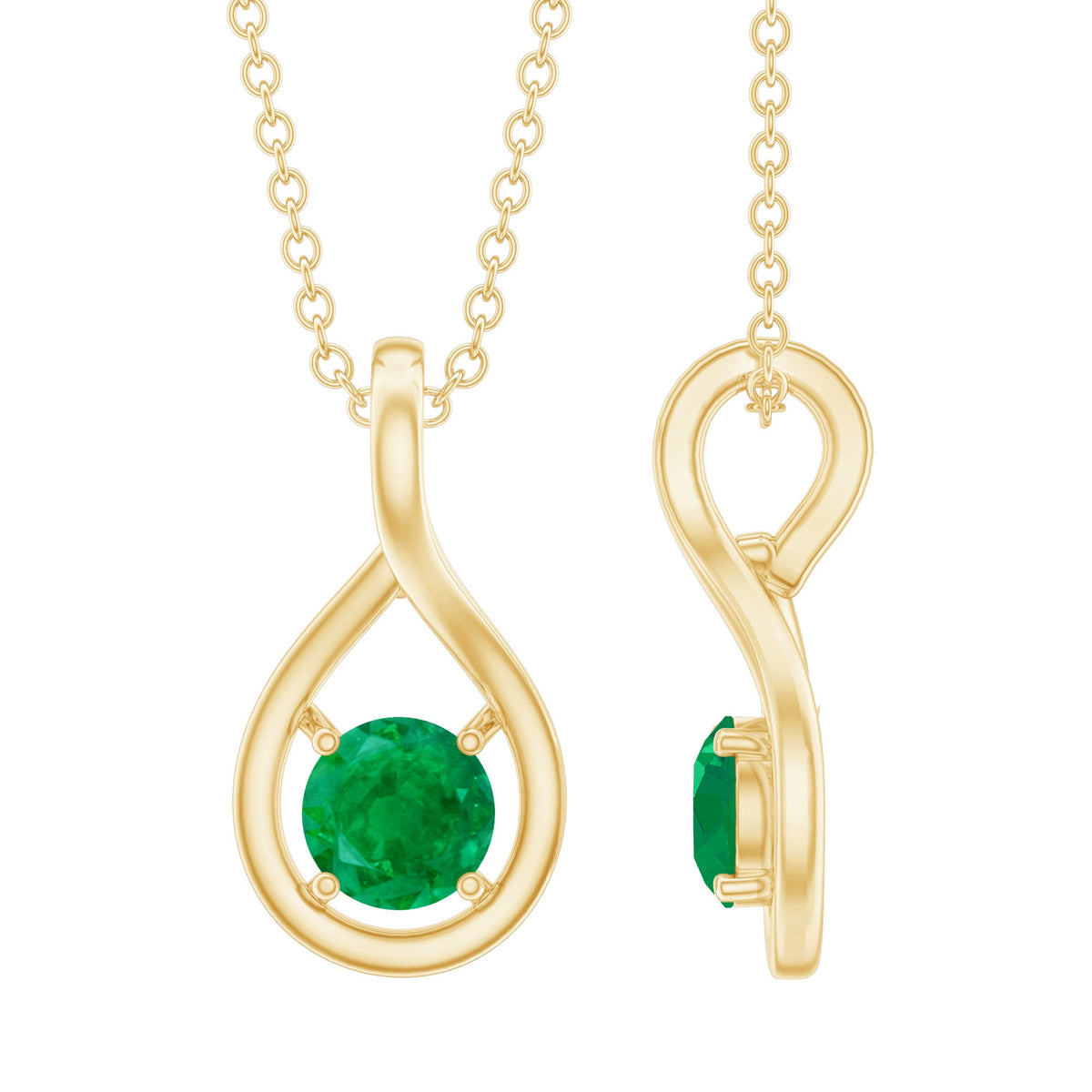 Genuine 5mm round cut emerald solitaire teardrop pendant with chain, elegant jewelry by Rosec Jewels.