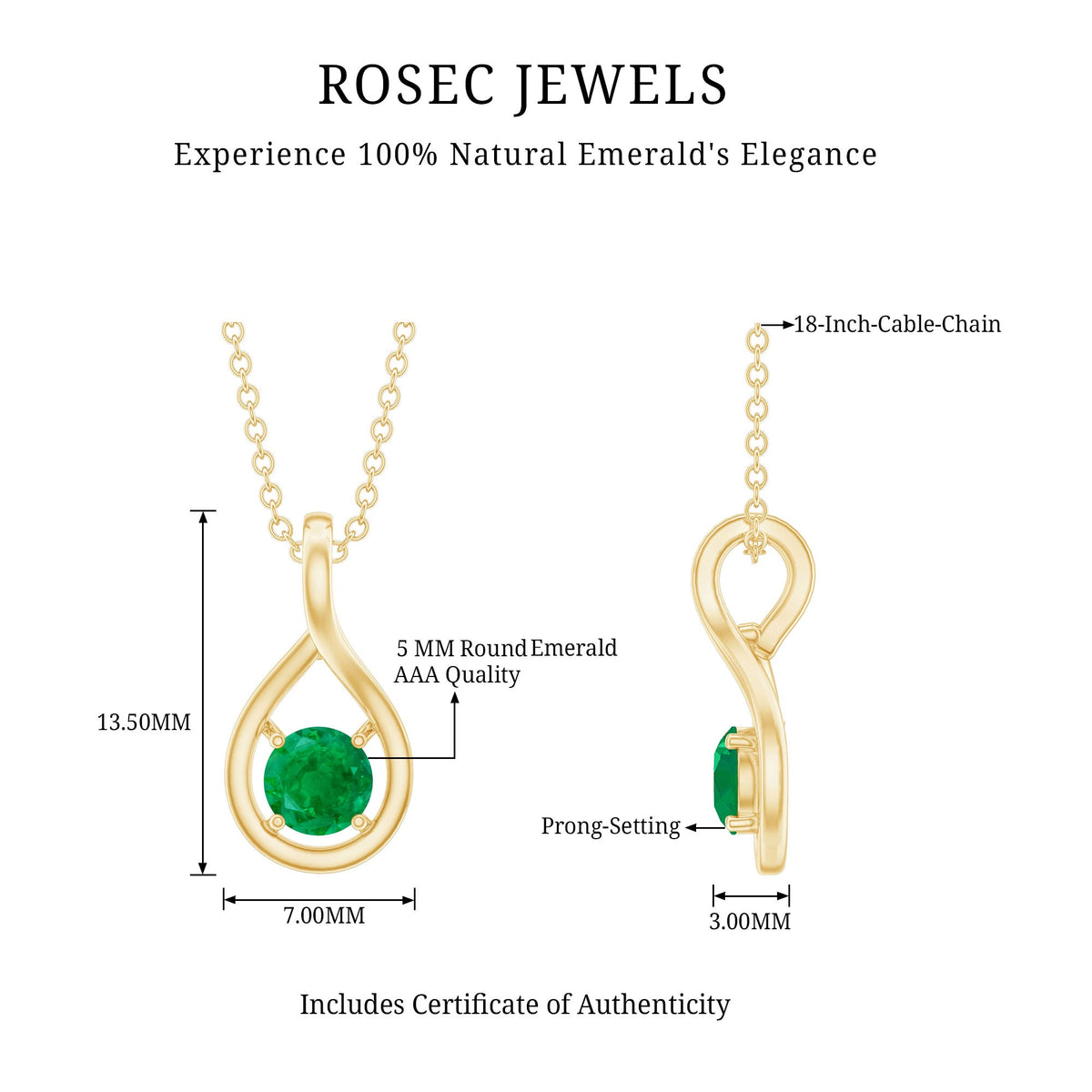 Genuine 5mm round cut emerald solitaire teardrop pendant on chain by Rosec Jewels, showcasing a green gemstone and elegant design.
