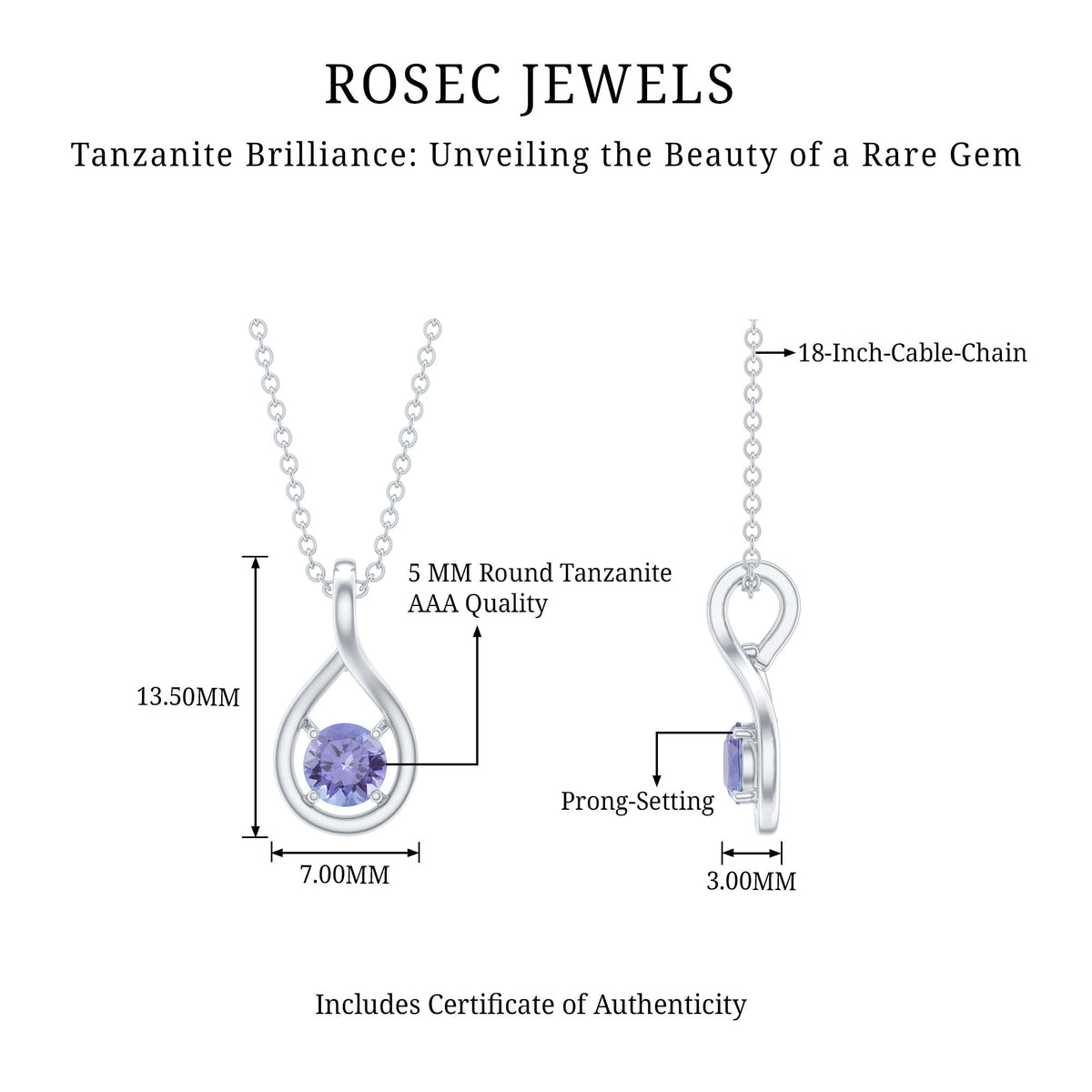 Round tanzanite teardrop pendant with 0.5 carat certified gemstone, elegant pendant from Rosec Jewels.