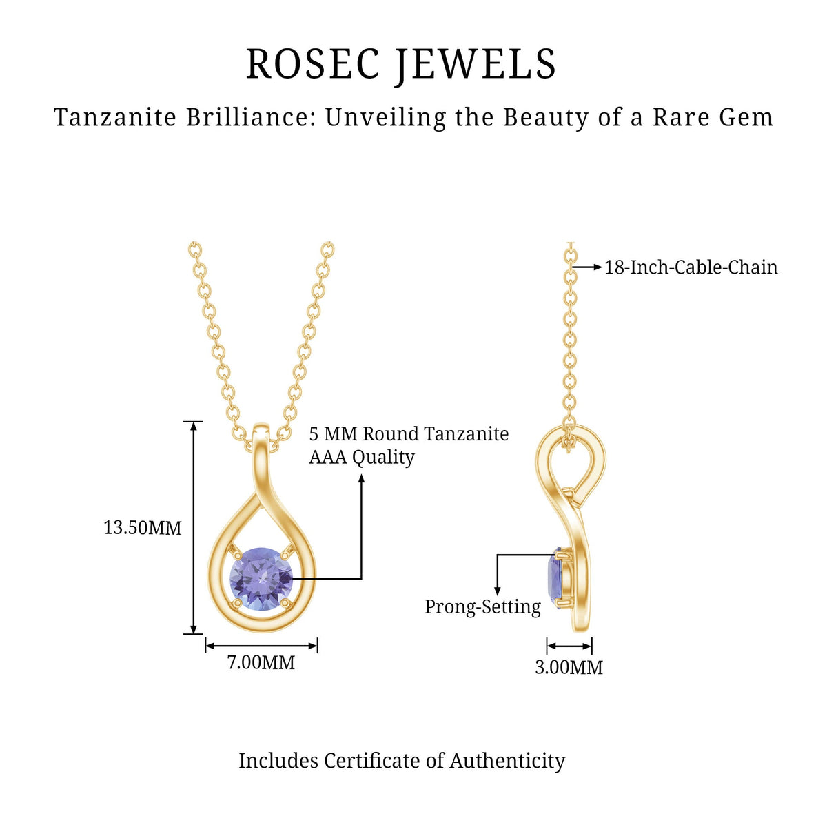 Round Tanzanite teardrop pendant with 0.5 carat stone from Rosec Jewels, showcasing a sparkling blue-purple gemstone and elegant design.