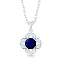 Genuine Blue Sapphire Flower Pendant Necklace with Diamond