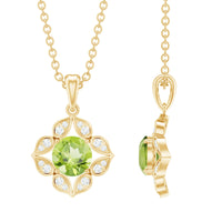 Antique Style Natural Peridot and Diamond Flower Pendant for Women