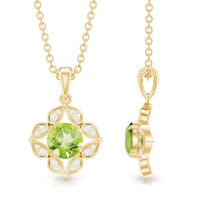 Antique Style Natural Peridot and Diamond Flower Pendant for Women