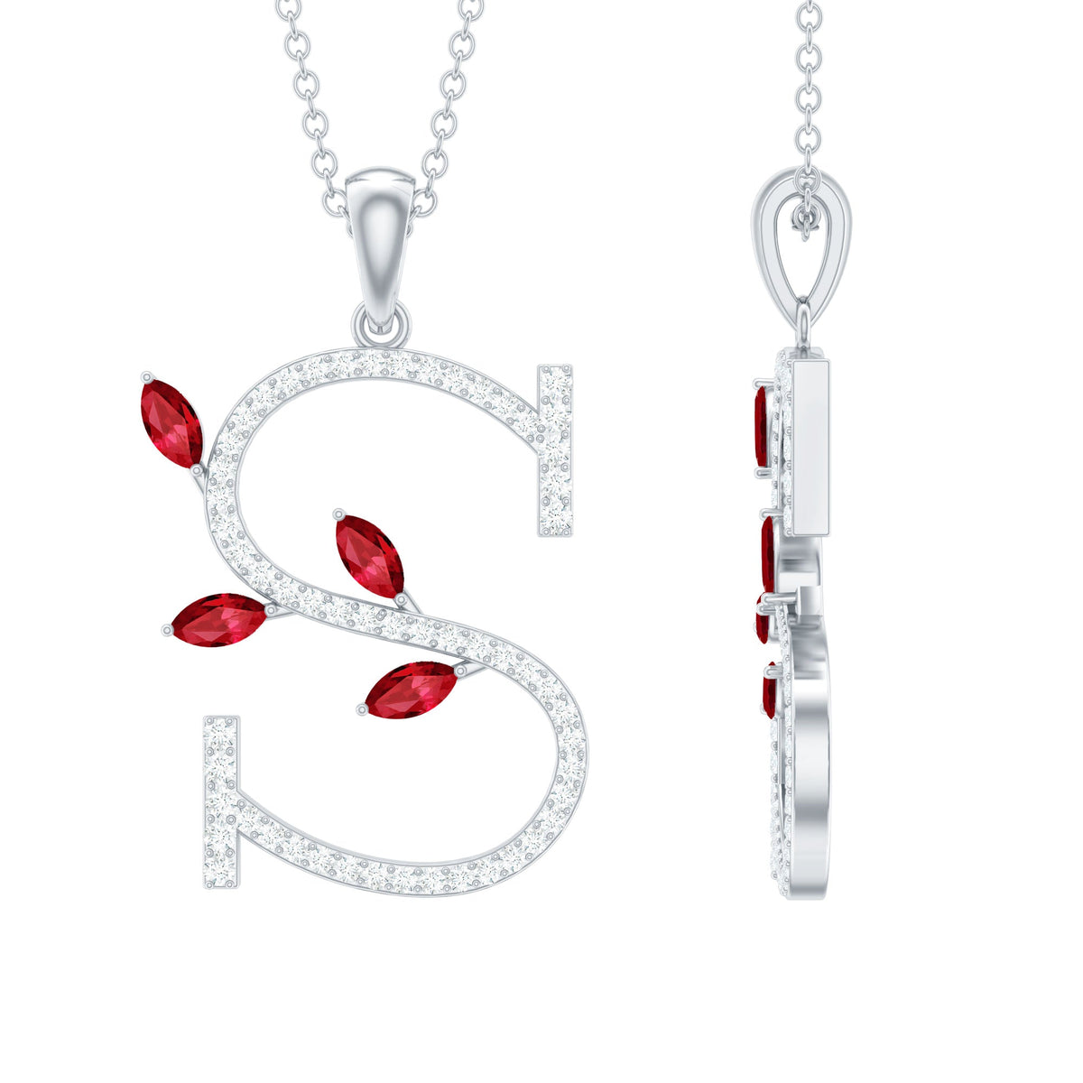 Lab grown ruby and diamond pendant necklace with letter S by Rosec Jewels, featuring shimmering gemstones and elegant design.