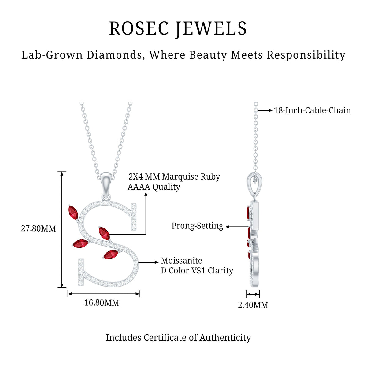 Lab grown ruby and diamond pendant necklace with letter S from Rosec Jewels, showcasing sparkling gemstones and elegant design.