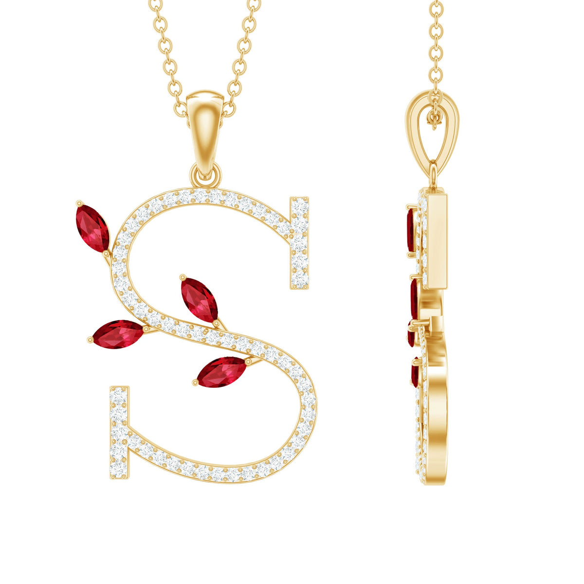 Lab grown ruby and diamond pendant necklace with letter S from Rosec Jewels, featuring a sparkling gemstone design.