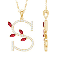 Lab grown ruby and diamond pendant necklace with letter S from Rosec Jewels, featuring a sparkling gemstone design.