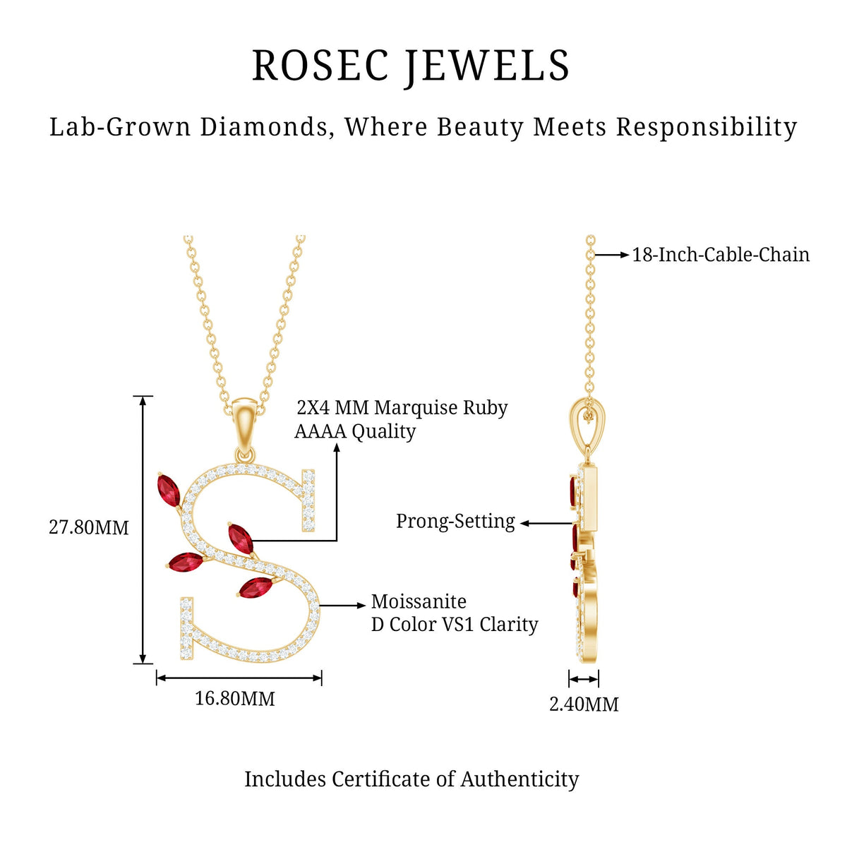 Lab grown ruby and diamond pendant necklace with letter S from Rosec Jewels, featuring a sparkling gemstone design.