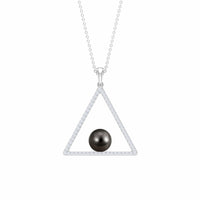 Diamond Open Triangle Pendant Necklace with Black Tahitian Pearl