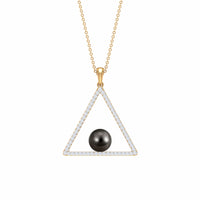 Diamond Open Triangle Pendant Necklace with Black Tahitian Pearl