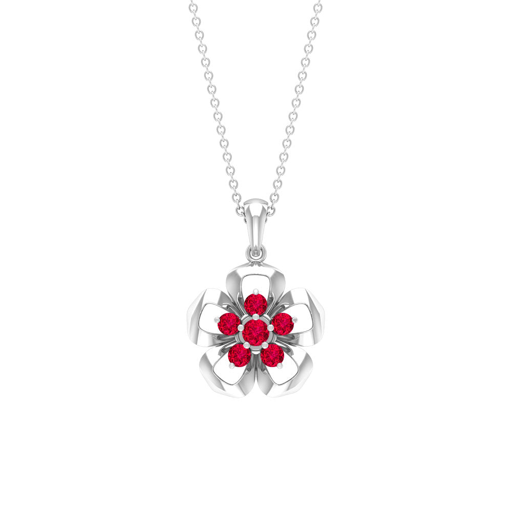 Natural Ruby flower pendant necklace by Rosec Jewels featuring a vibrant ruby flower design with certificate of authenticity.