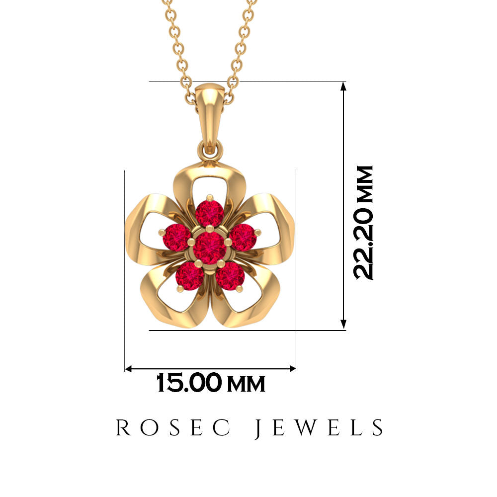 Natural ruby flower pendant necklace from Rosec Jewels featuring a vibrant ruby flower design with certificate.