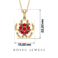 Natural ruby flower pendant necklace from Rosec Jewels featuring a vibrant ruby flower design with certificate.