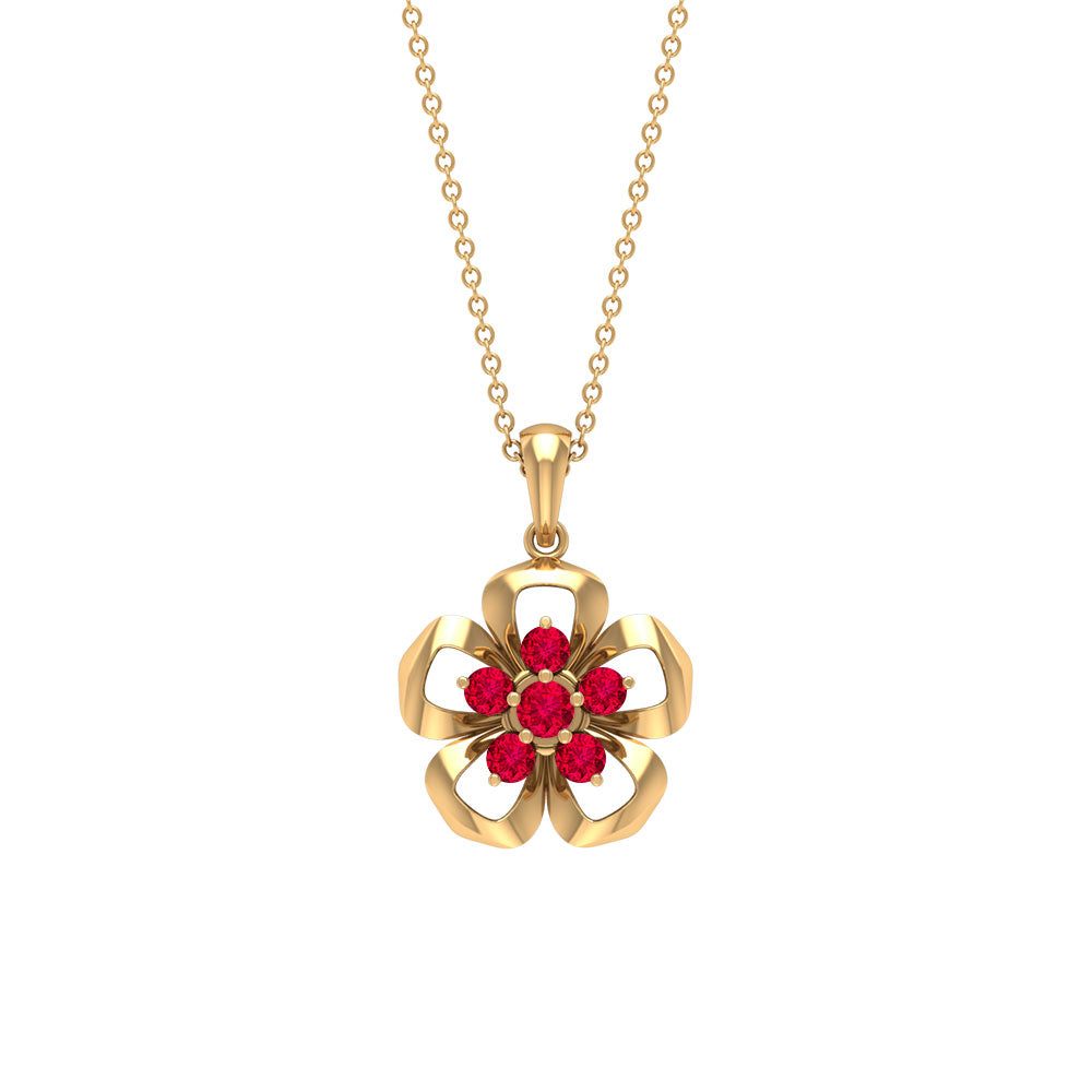 Natural ruby flower pendant necklace by Rosec Jewels showcasing a vibrant ruby flower with certificate.