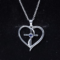Natural Blue Sapphire Heart Cross Necklace in 14k Gold Plated Silver