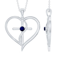 Natural Blue Sapphire Heart Cross Necklace in 14k Gold Plated Silver