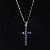 Genuine Blue Sapphire Cross Pendant Necklace with Chain