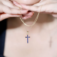 Genuine Blue Sapphire Cross Pendant Necklace with Chain