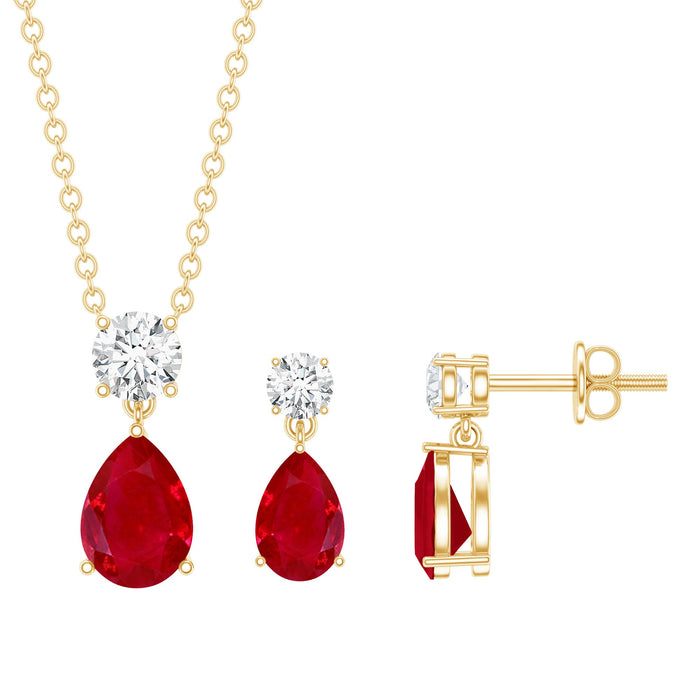 Pear-shaped ruby and diamond bridal jewelry set featuring matching necklace and earrings by Rosec Jewels, with certificate.