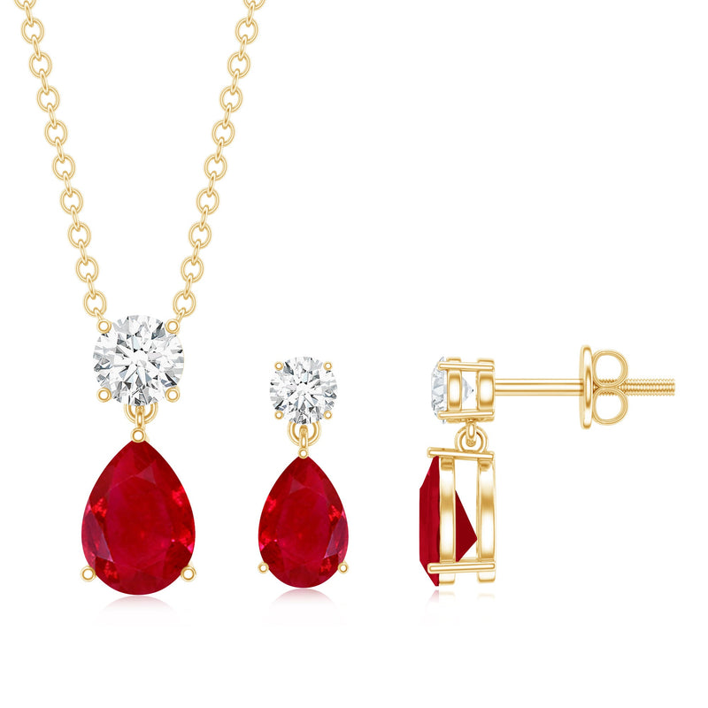 Pear-shaped ruby and diamond bridal jewelry set by Rosec Jewels featuring a necklace and earrings with certificate.