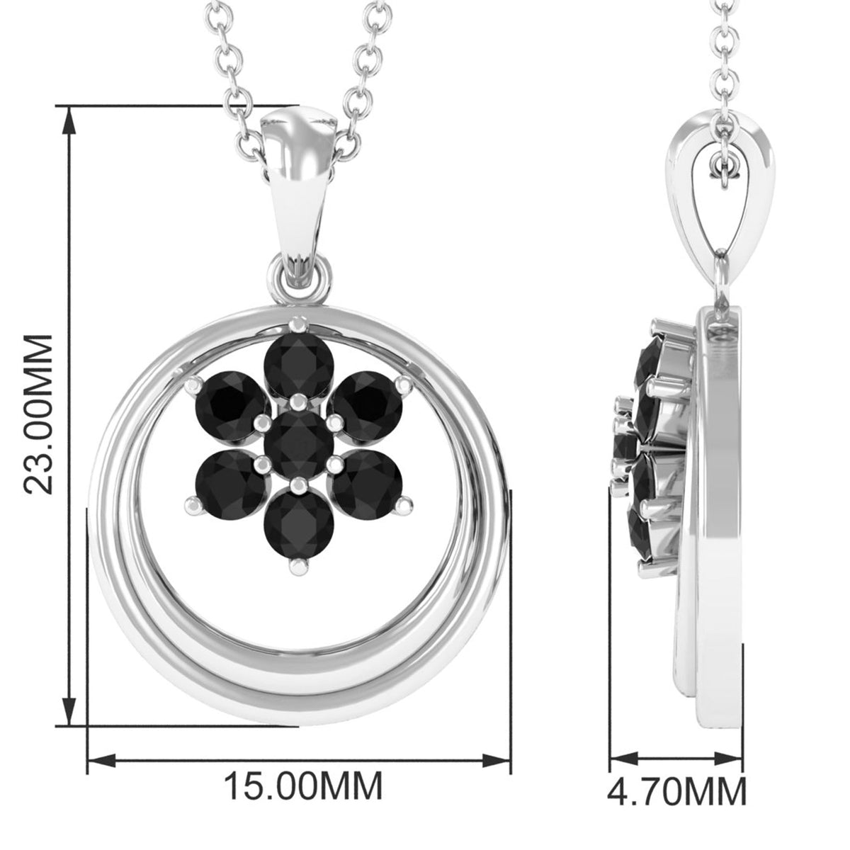 Natural black spinel flower pendant by Rosec Jewels with certificate, showcasing intricate flower design and polished gemstone.