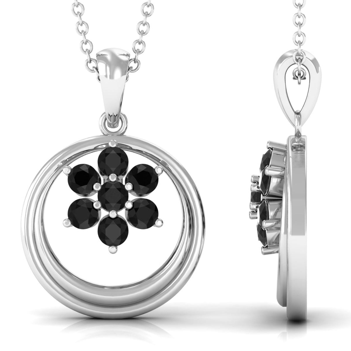 Natural black spinel flower pendant by Rosec Jewels featuring a detailed floral design and a certification tag.