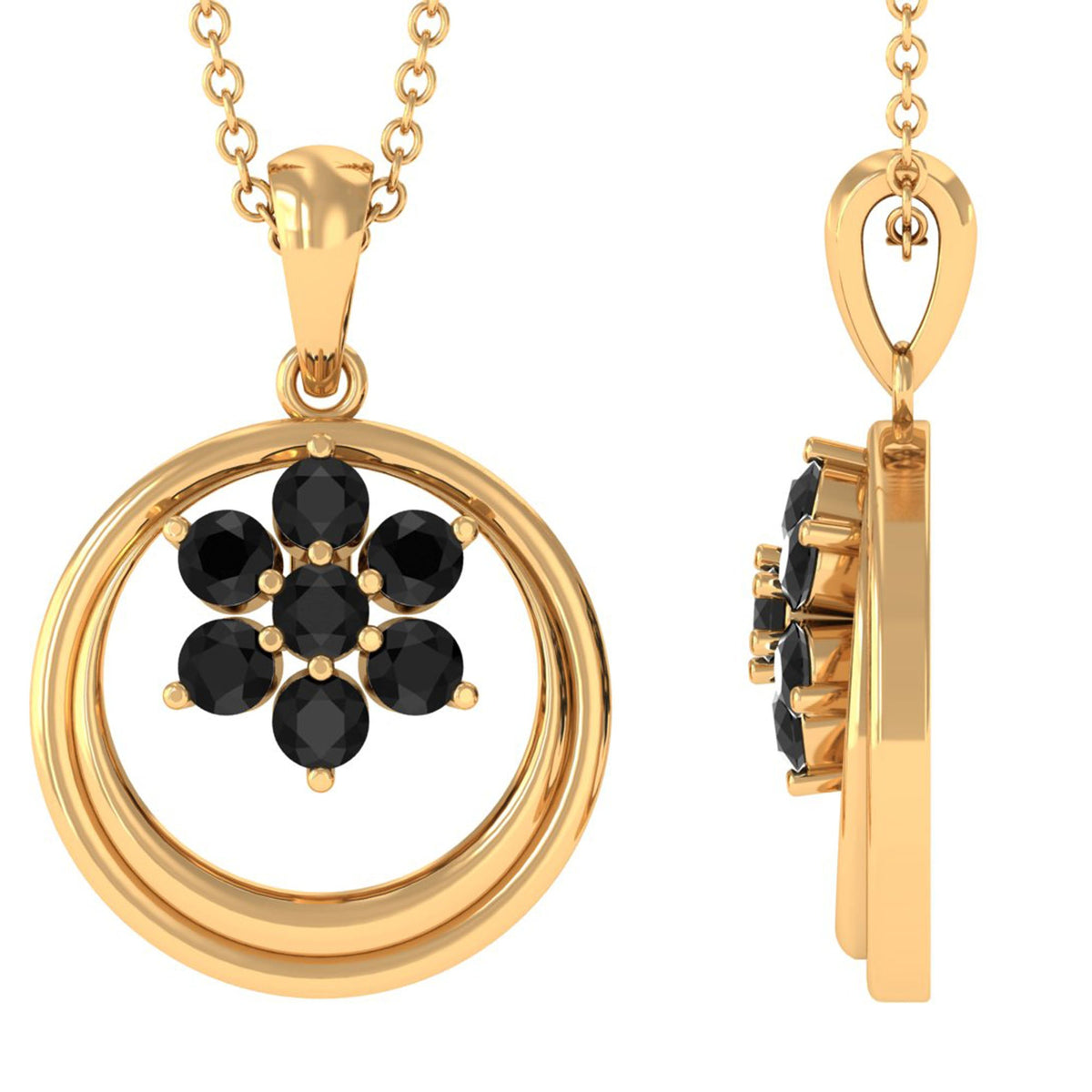 Natural black spinel flower pendant from Rosec Jewels with certificate, featuring a detailed floral design on a silver setting.