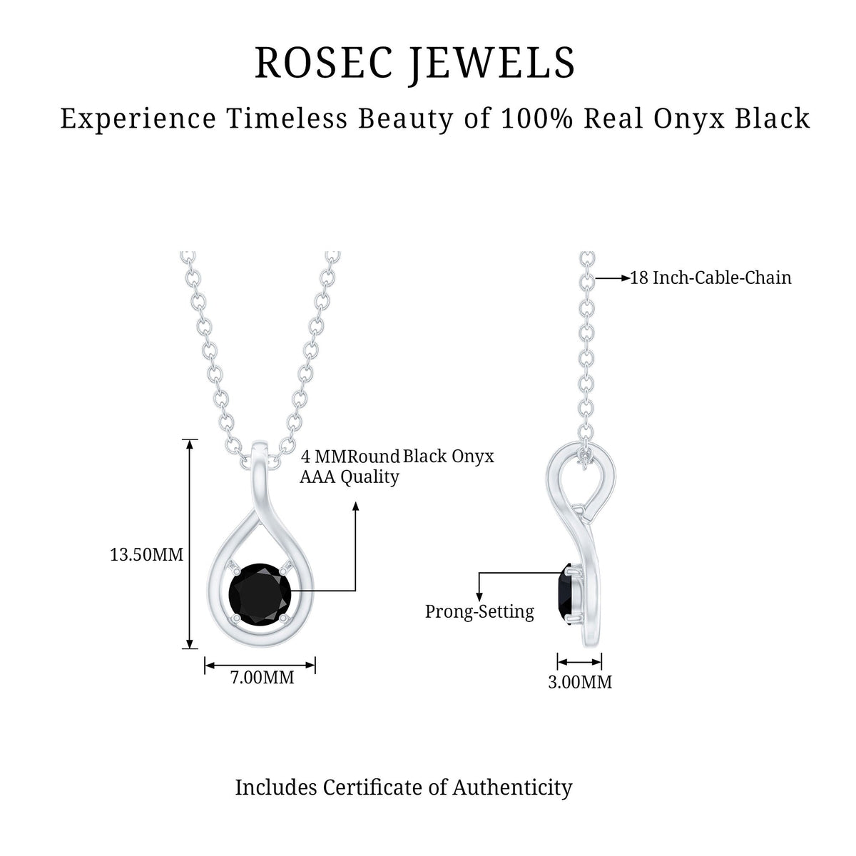 Black onyx teardrop pendant with chain, certified 0.22 carat solitaire, elegant jewelry piece by Rosec Jewels.