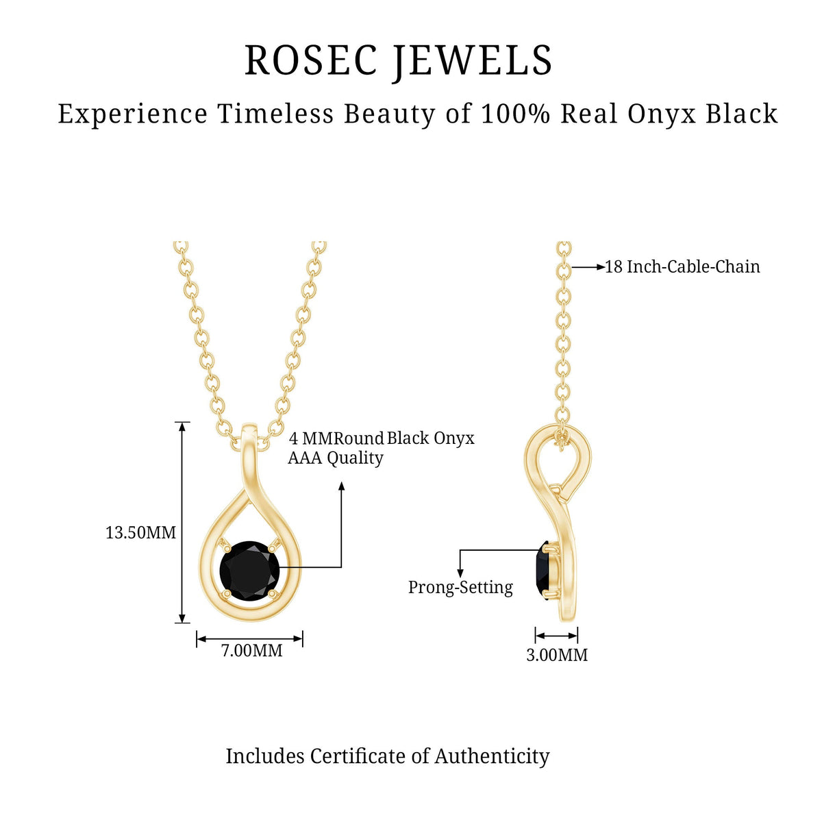 Black onyx teardrop pendant with 0.22 carat solitaire, rose gold chain, from Rosec Jewels, featuring a sleek, elegant jewelry design.