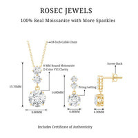 Moissanite 3 Stone Dangle Necklace and Earrings Set